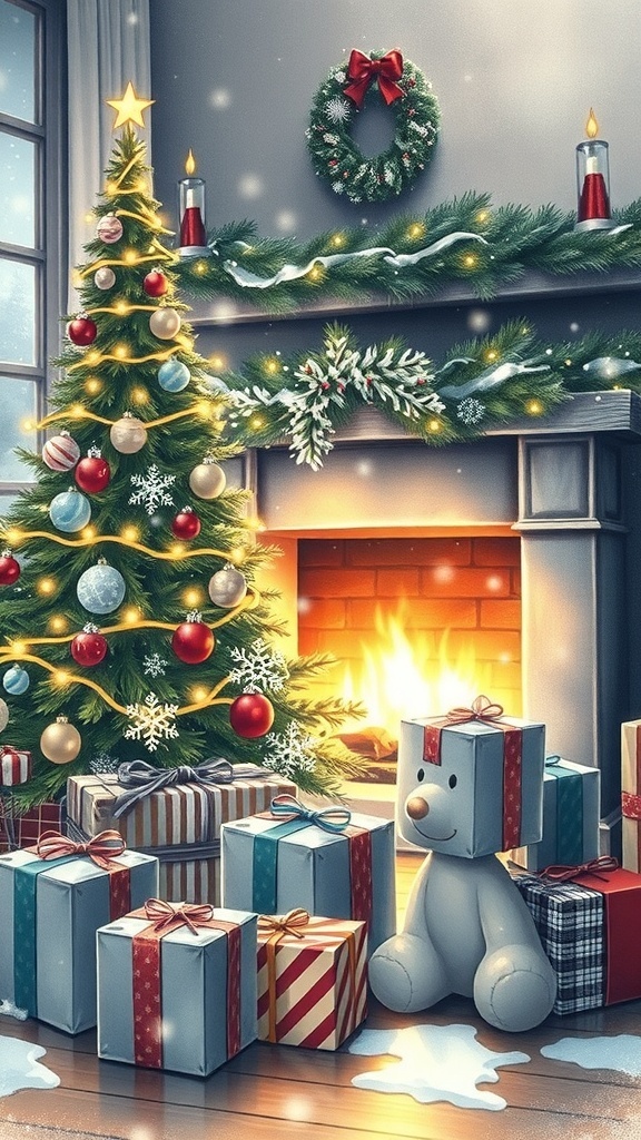 Realistic Christmas Drawing Techniques A realistic Christmas drawing of a decorated tree and gifts near a fireplace with snow outside.